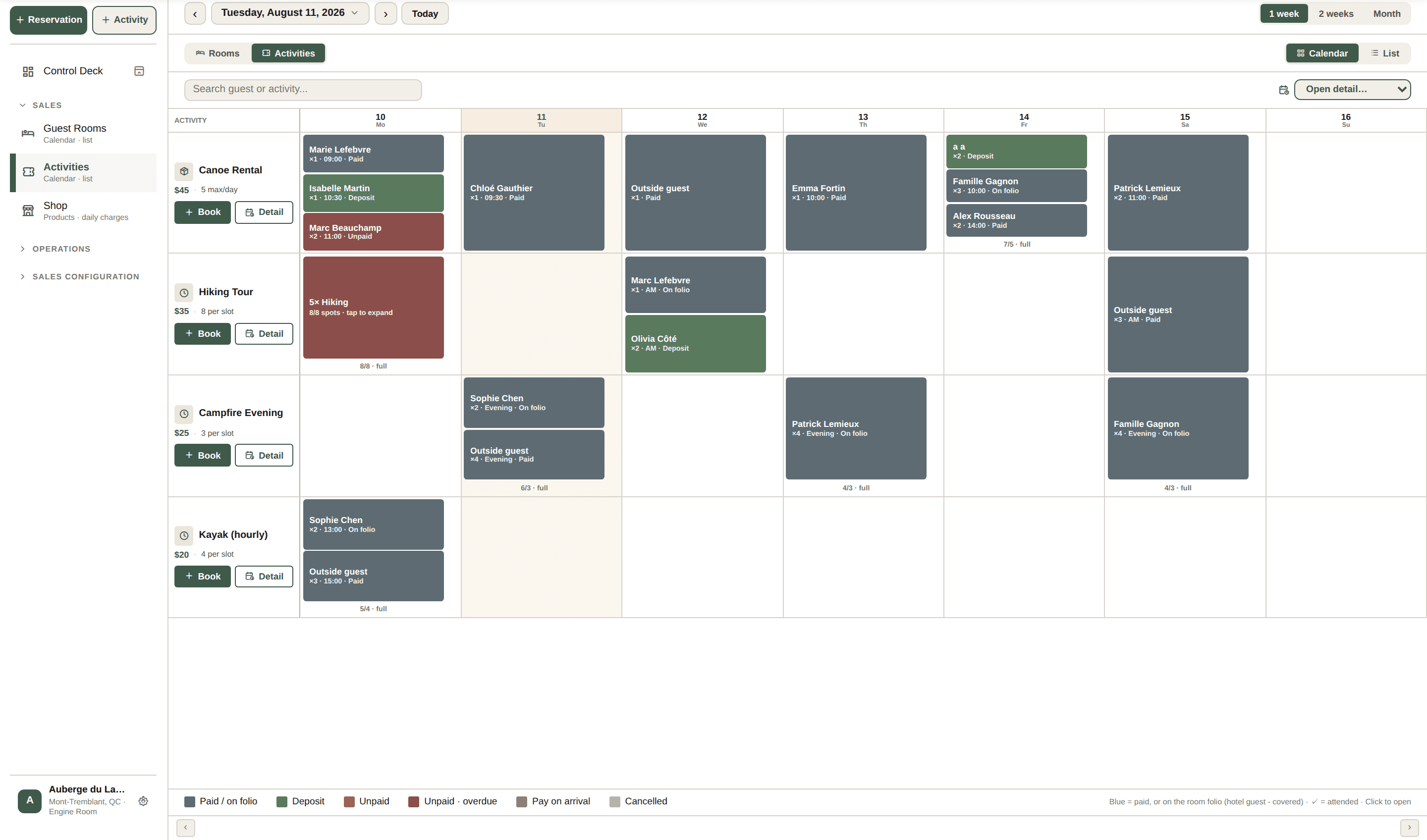 The Cardinal activities calendar: sessions with per-slot capacity caps and payment states