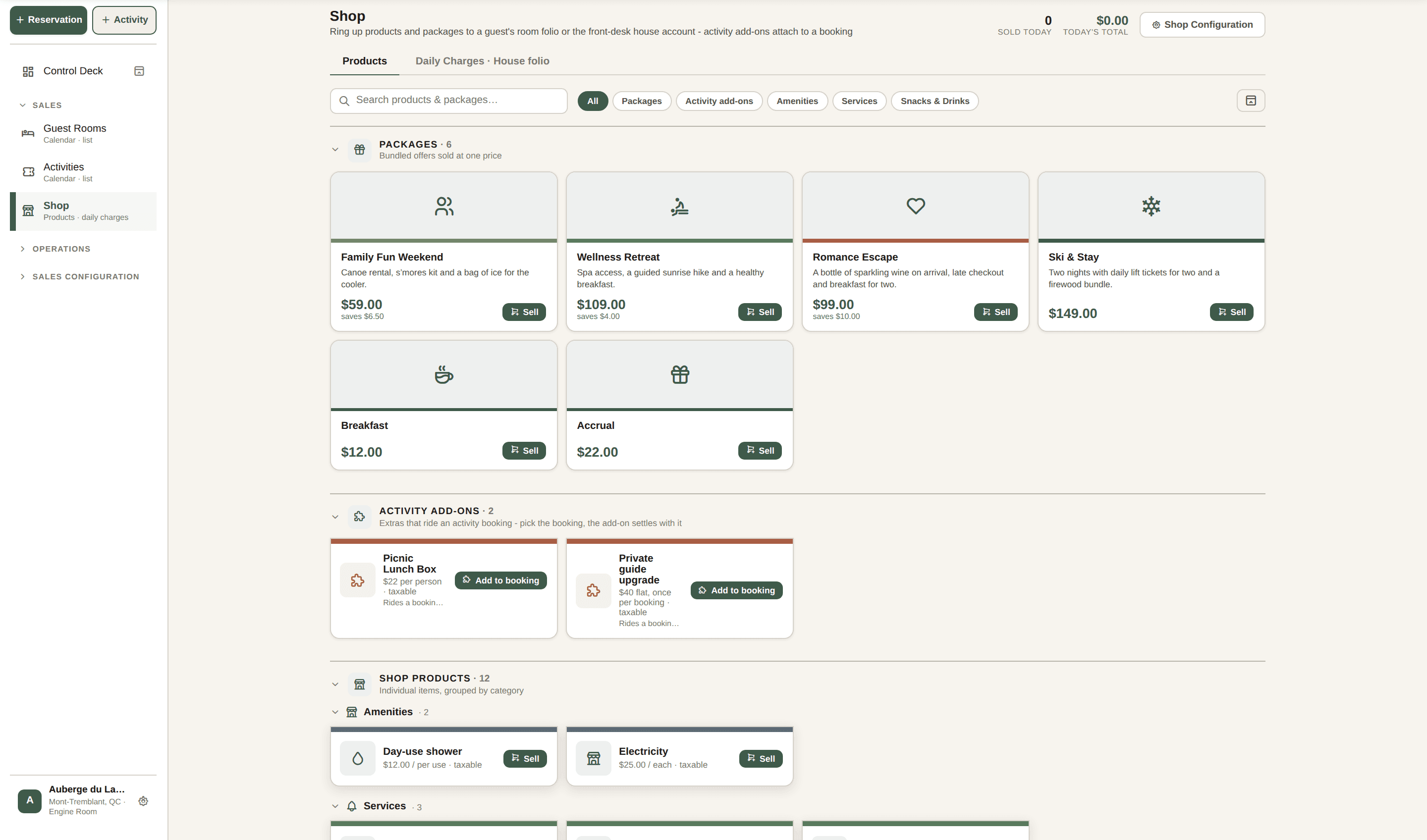 The Cardinal shop on the demo property: packages, activity add-ons, and products showing their price and billing unit