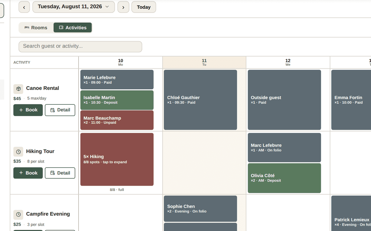 The Cardinal activity calendar with bookings, capacity and payment state per slot