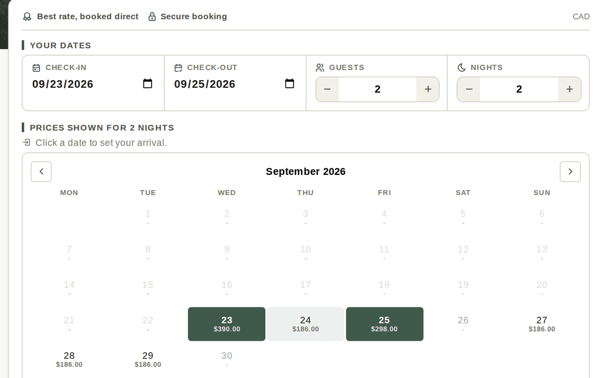The Cardinal booking page a guest sees: dates, guests and nights, and a calendar with the price of each available night
