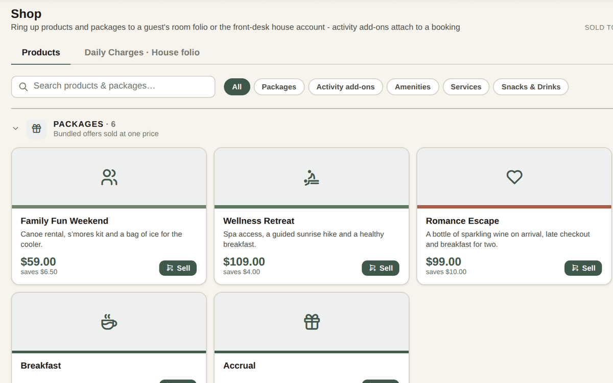 The Cardinal shop: packages, activity add-ons and products with their prices